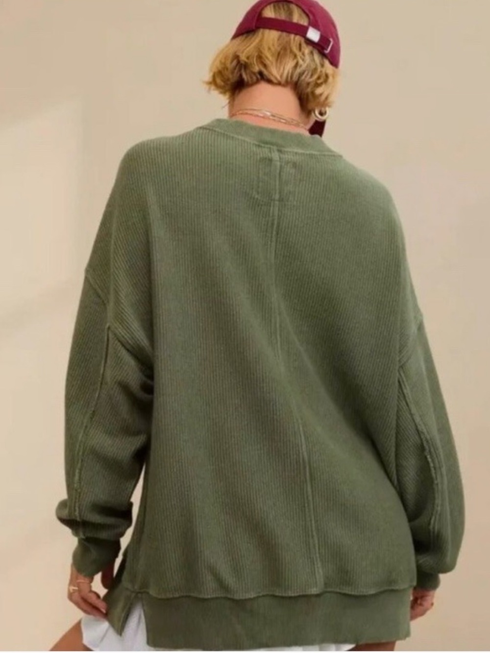 Aerie Big Chill Textured Crew Ribbed Oversized Sweatshirt Olive Green Distressed - Picture 2 of 8